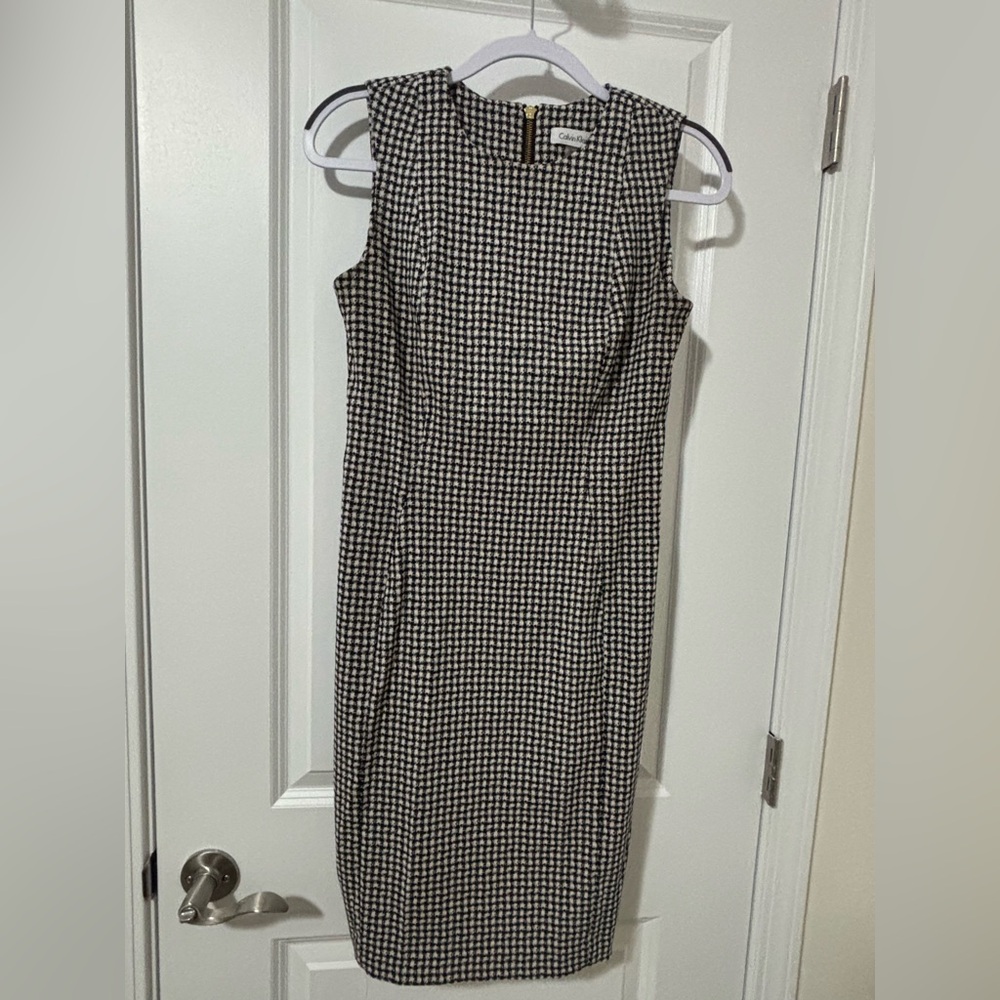 Calvin Klein Black and White Houndstooth Midi Sheath Dress